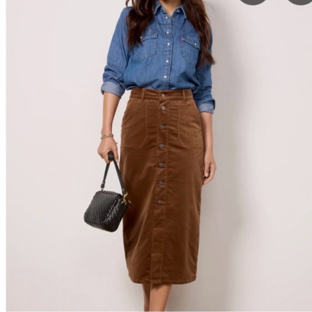 Paige Meadow Brown Corduroy Midi Pencil Skirt | Size 4 - Picture 2 of 9